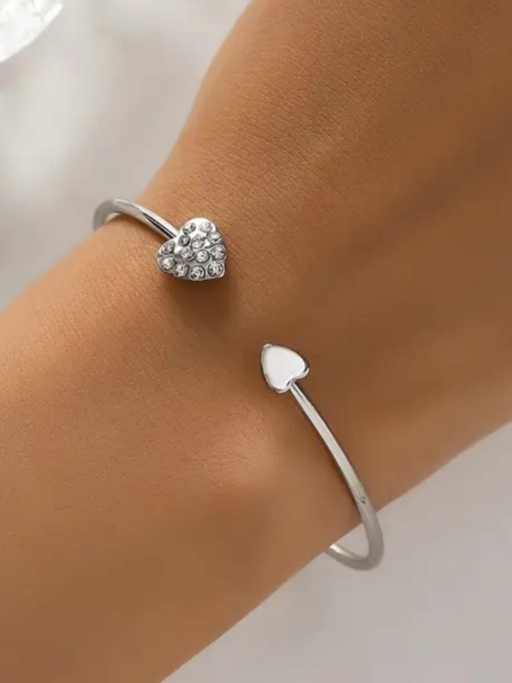 Silver Heart Open Bangle Bracelet with Crystal Accents